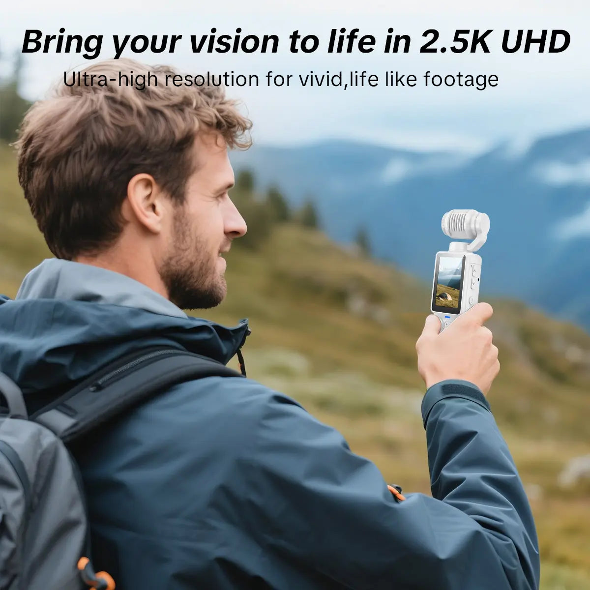 W&O Portable 2.5K Ultra HD Video Recorder with 180° Rotating Lens and Handheld Stabilizer for Vlogging, Travel, and Daily Life, USB Rechargeable, Durable Construction, Black