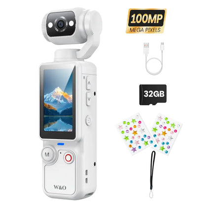 W&O Portable 2.5K Ultra HD Video Recorder with 180° Rotating Lens and Handheld Stabilizer for Vlogging, Travel, and Daily Life, USB Rechargeable, Durable Construction, Black