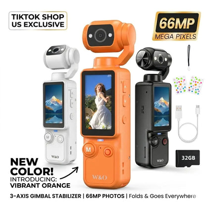 W&O Portable 2.5K Ultra HD Video Recorder with 180° Rotating Lens and Handheld Stabilizer for Vlogging, Travel, and Daily Life, USB Rechargeable, Durable Construction, Black