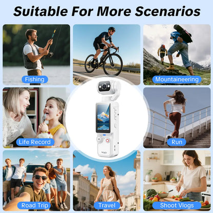 W&O Portable 2.5K Ultra HD Video Recorder with 180° Rotating Lens and Handheld Stabilizer for Vlogging, Travel, and Daily Life, USB Rechargeable, Durable Construction, Black