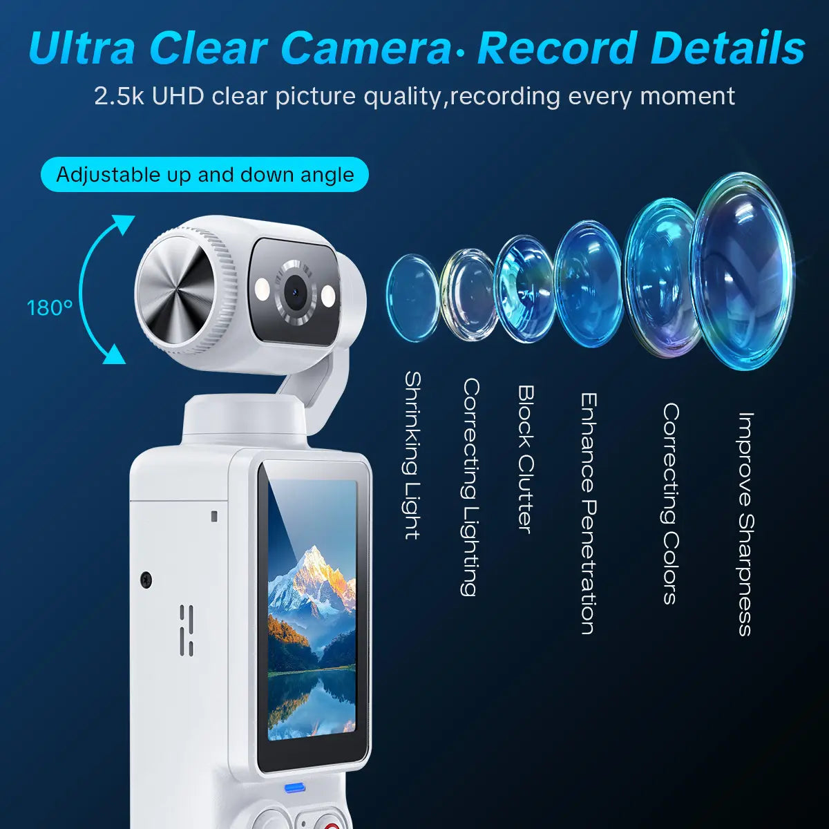 W&O Portable 2.5K Ultra HD Video Recorder with 180° Rotating Lens and Handheld Stabilizer for Vlogging, Travel, and Daily Life, USB Rechargeable, Durable Construction, Black
