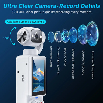 W&O Portable 2.5K Ultra HD Video Recorder with 180° Rotating Lens and Handheld Stabilizer for Vlogging, Travel, and Daily Life, USB Rechargeable, Durable Construction, Black
