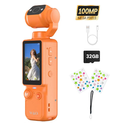 W&O Portable 2.5K Ultra HD Video Recorder with 180° Rotating Lens and Handheld Stabilizer for Vlogging, Travel, and Daily Life, USB Rechargeable, Durable Construction, Black
