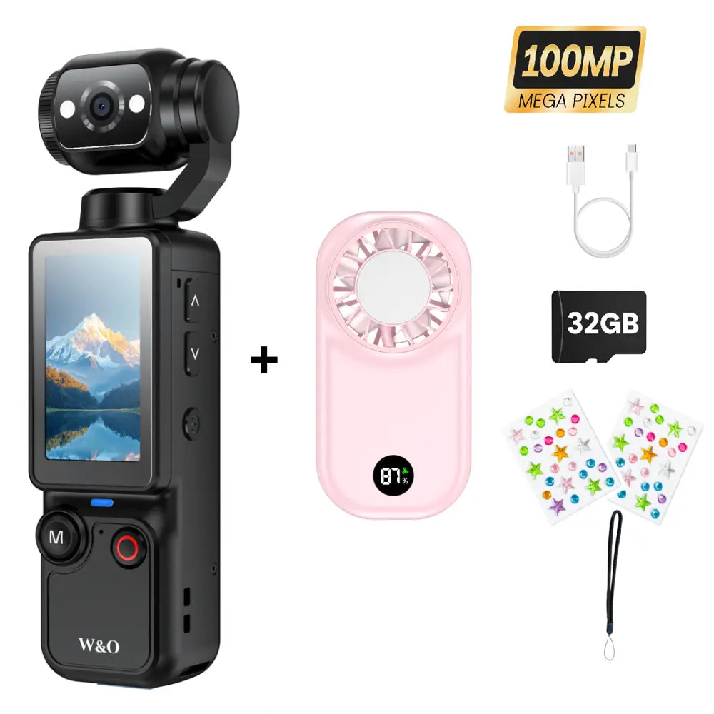 W&O Portable 2.5K Ultra HD Video Recorder with 180° Rotating Lens and Handheld Stabilizer for Vlogging, Travel, and Daily Life, USB Rechargeable, Durable Construction, Black