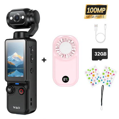 W&O Portable 2.5K Ultra HD Video Recorder with 180° Rotating Lens and Handheld Stabilizer for Vlogging, Travel, and Daily Life, USB Rechargeable, Durable Construction, Black