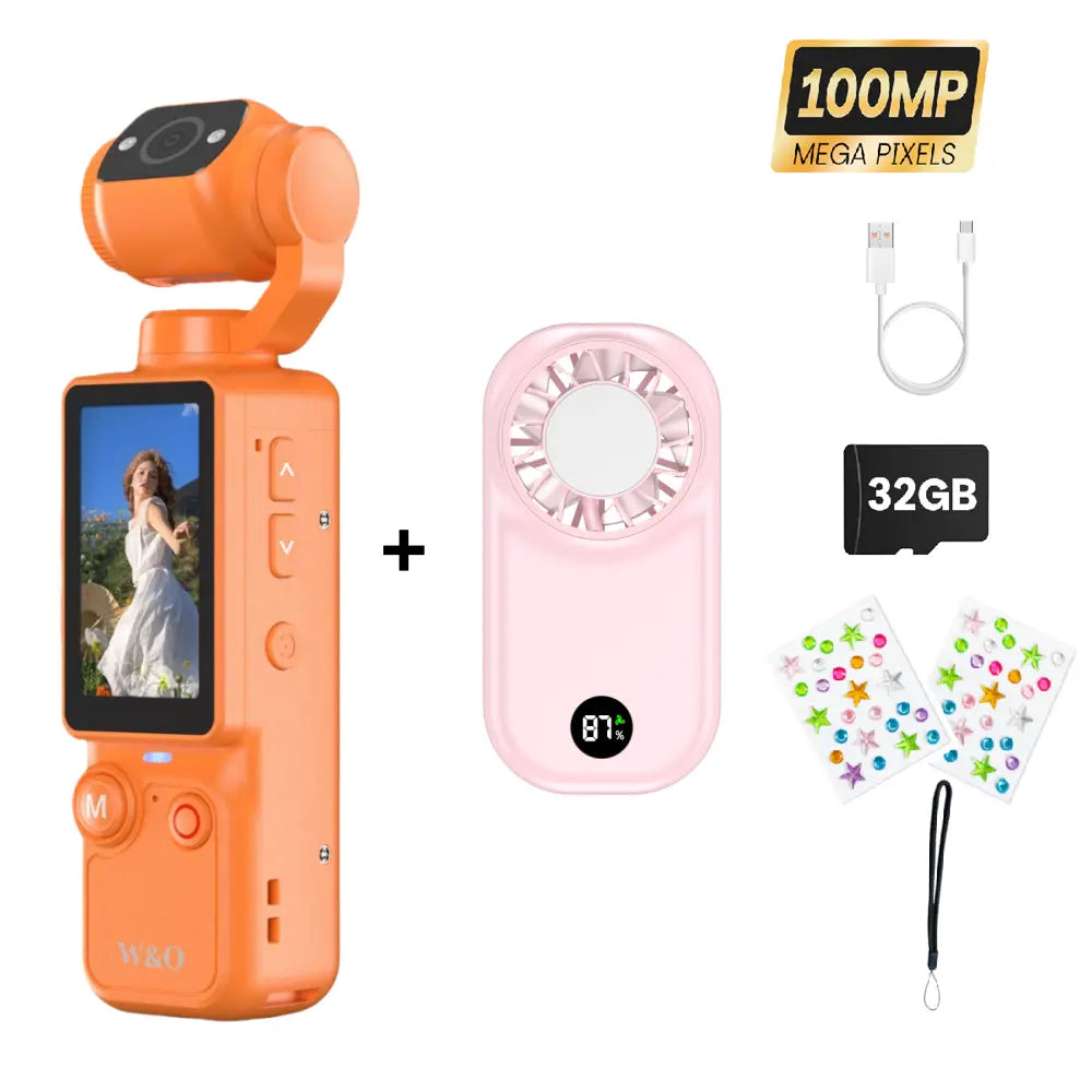 W&O Portable 2.5K Ultra HD Video Recorder with 180° Rotating Lens and Handheld Stabilizer for Vlogging, Travel, and Daily Life, USB Rechargeable, Durable Construction, Black
