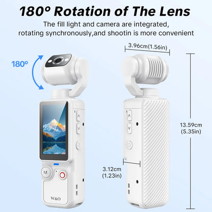 W&O Portable 2.5K Ultra HD Video Recorder with 180° Rotating Lens and Handheld Stabilizer for Vlogging, Travel, and Daily Life, USB Rechargeable, Durable Construction, Black