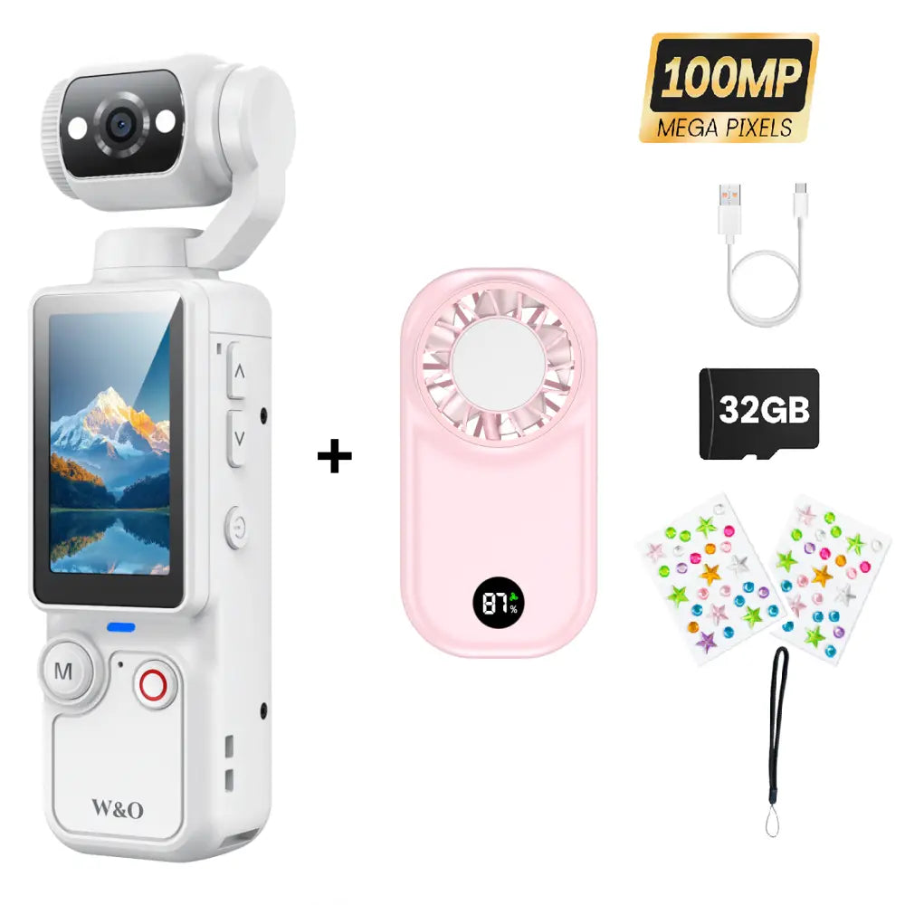 W&O Portable 2.5K Ultra HD Video Recorder with 180° Rotating Lens and Handheld Stabilizer for Vlogging, Travel, and Daily Life, USB Rechargeable, Durable Construction, Black