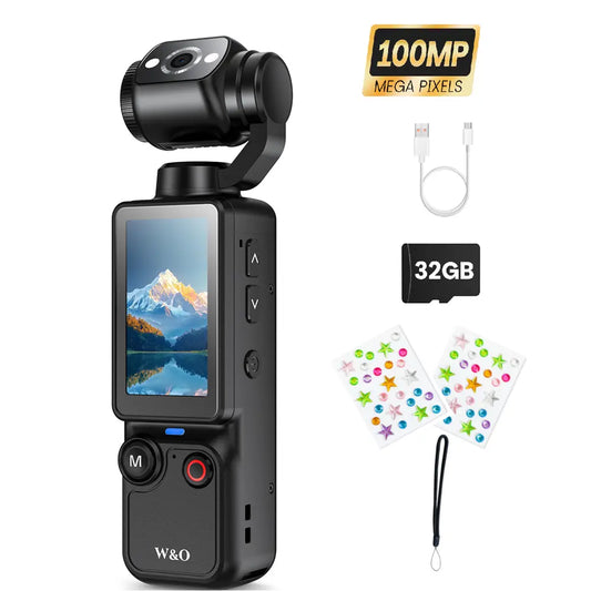 W&O Portable 2.5K Ultra HD Video Recorder with 180° Rotating Lens and Handheld Stabilizer for Vlogging, Travel, and Daily Life, USB Rechargeable, Durable Construction, Black